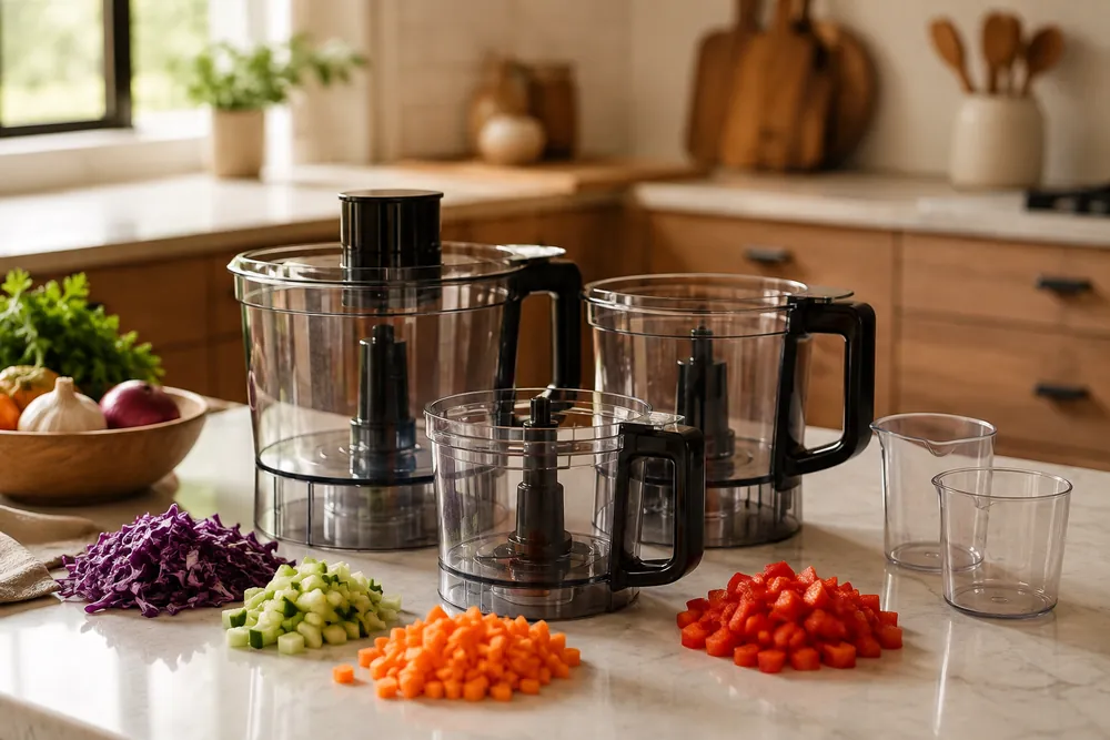 White quartz countertop beside shaker cabinets, three-quarter view of different processor bowl sizes holding chopped vegetables, largest tucked under upper cabinets.