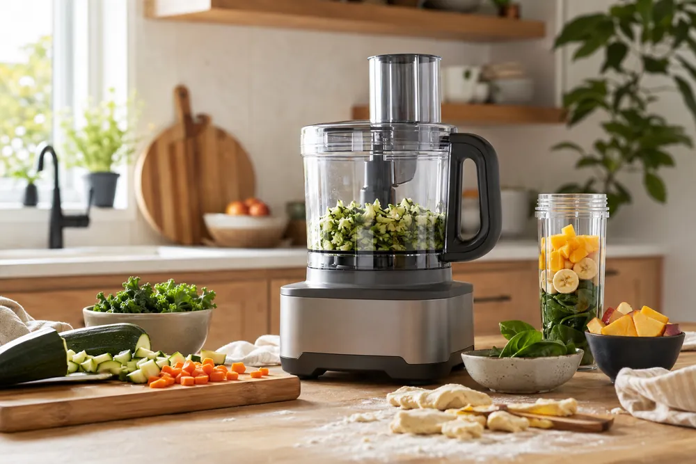 Butcher-block countertop frames a low-angle view of interchangeable bowls, blades, and chopped vegetables beside dough and salsa samples.