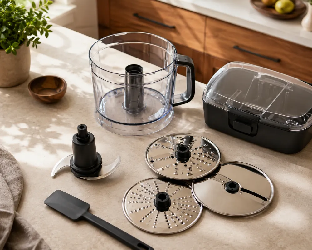 Soft morning light fills a kitchen counter with a food processor bowl, blades, slicing discs, and measuring cup arranged overhead.