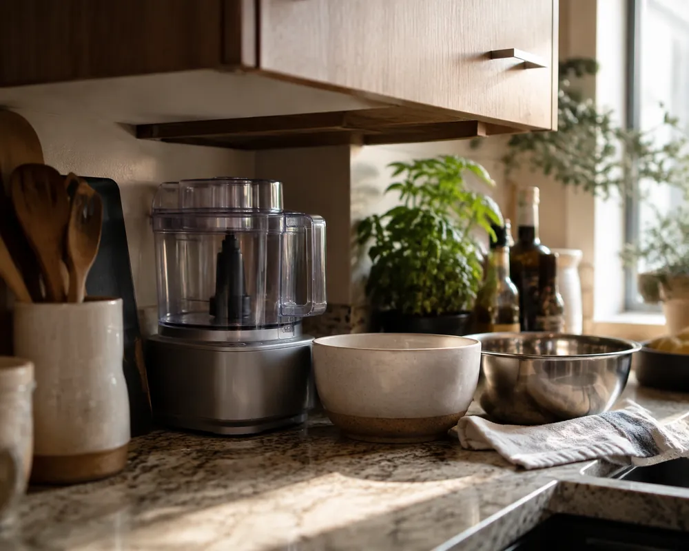 Soft morning light fills a compact countertop where a food processor tucks beneath cabinets beside a toaster, viewed from low angle.