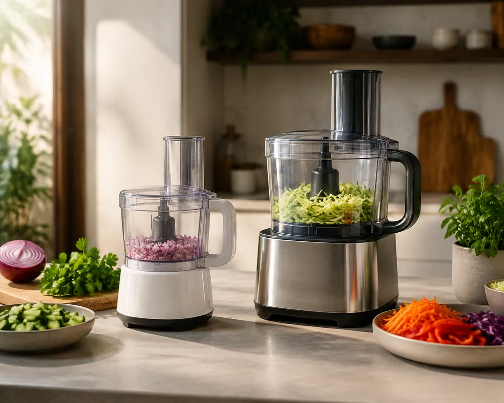 Soft morning light fills a kitchen counter with two food processors side by side, attachments spread neatly, shopper’s hands comparing bowls.