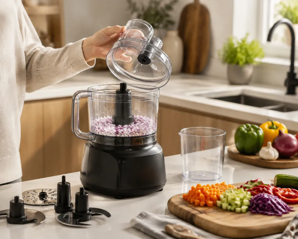 Hand compares two food processor bowls beside attachments on a quartz countertop, three-quarter view in a bright modern kitchen.