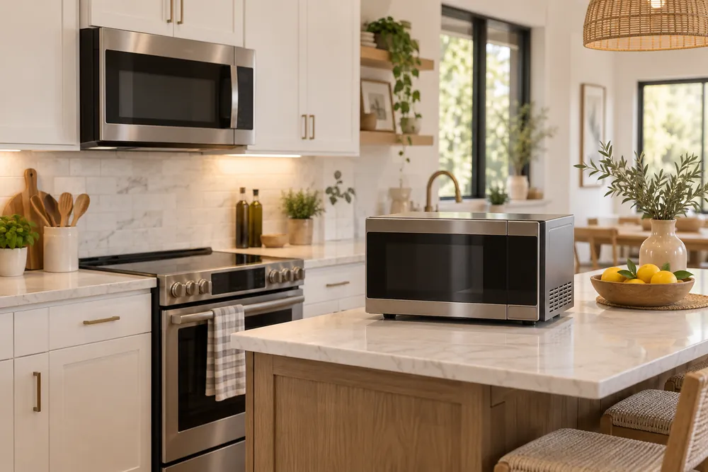 Over-the-range convection microwave above a stove, countertop convection microwave on an island, side-angle view in a bright modern kitchen.