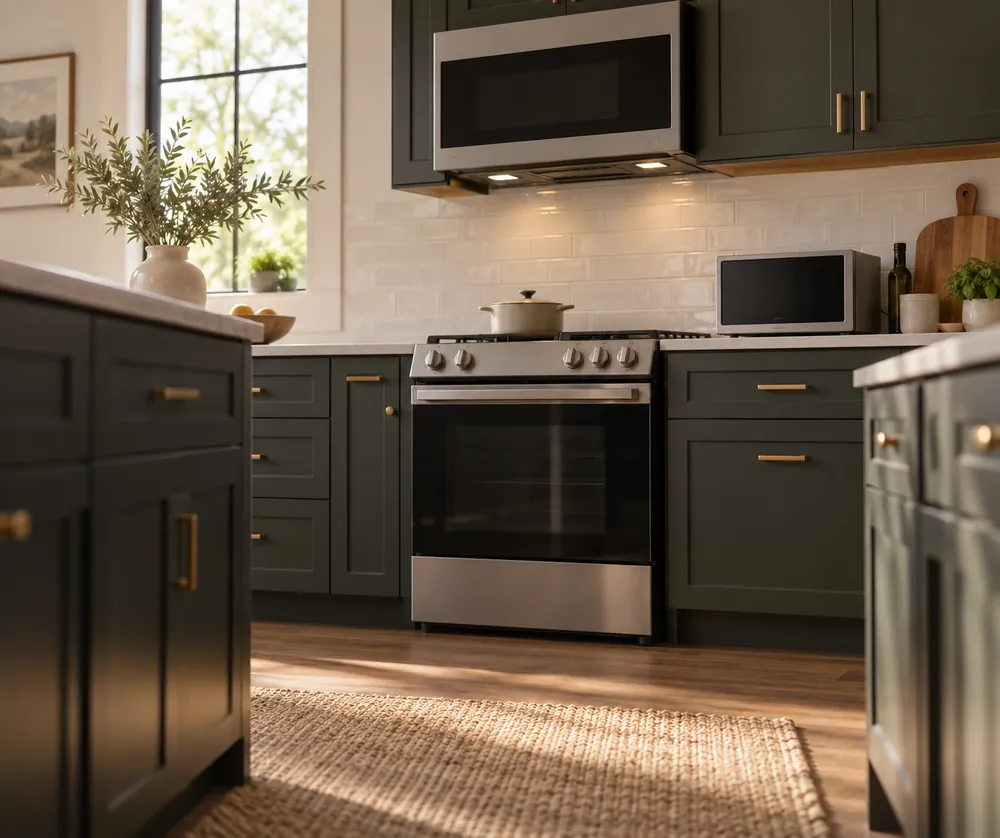 Dark lower cabinets frame a low-angle view of an over-range convection microwave venting above a stove, with countertop model nearby.