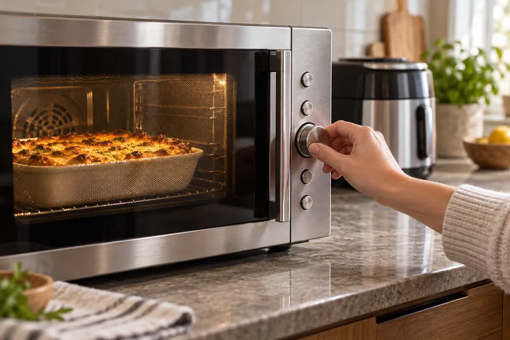 Hand adjusts the combination-mode dial on a stainless convection microwave, with browned casserole visible inside and countertop model nearby.