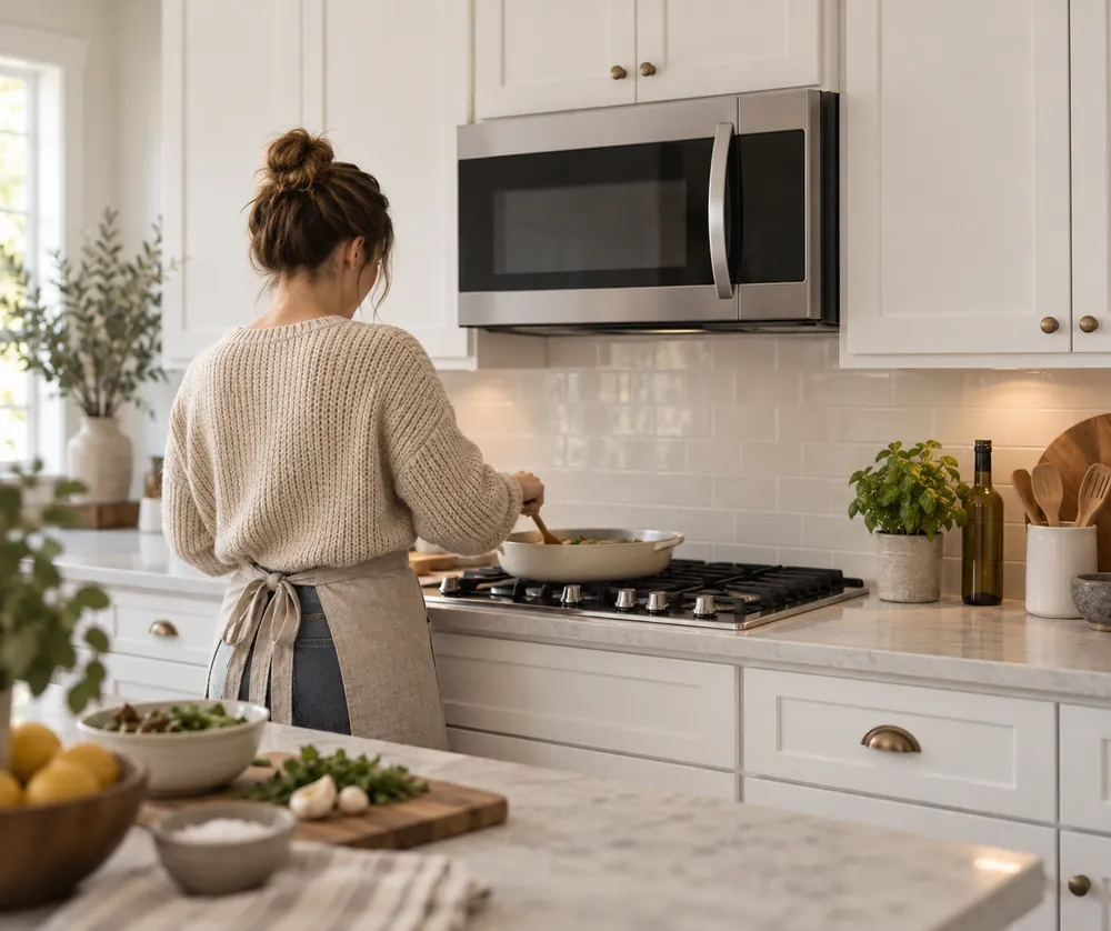 White shaker cabinets surround an over-the-range convection microwave above a gas cooktop, with freed counter space and a turned-away home cook.