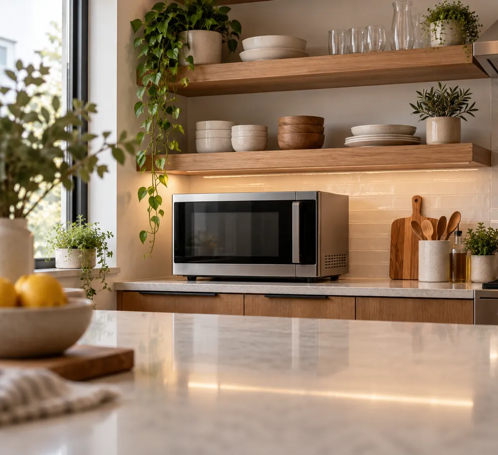 Brushed quartz countertop foreground with compact convection microwave beneath open shelving, low-angle view emphasizing flexible placement in a small apartment kitchen.