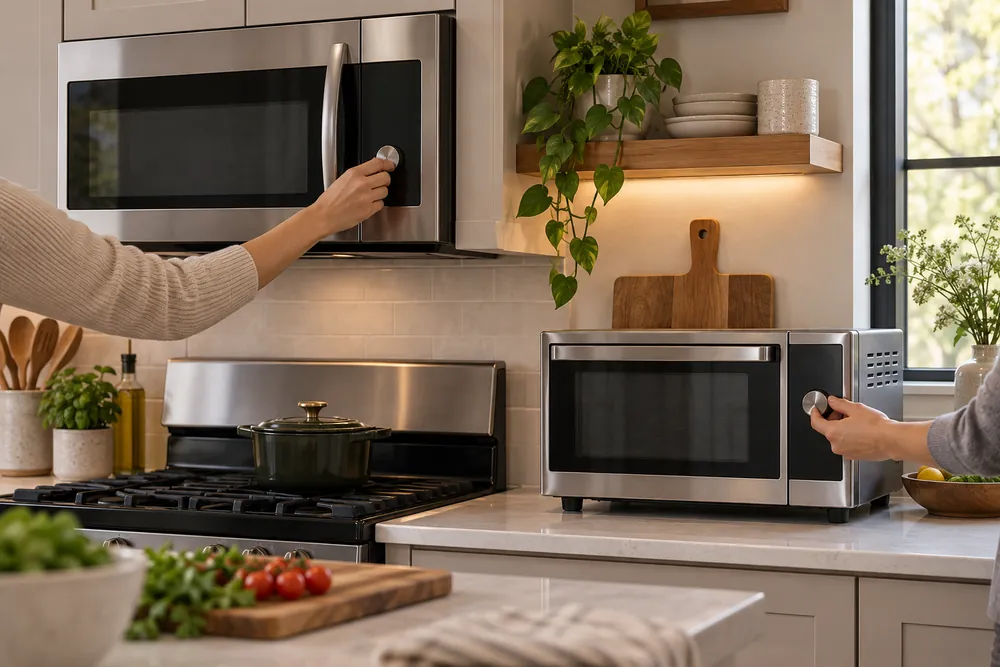 Brushed stainless trim frames an over-the-range microwave beside a countertop convection model, with anonymous hands adjusting controls in a tidy kitchen.