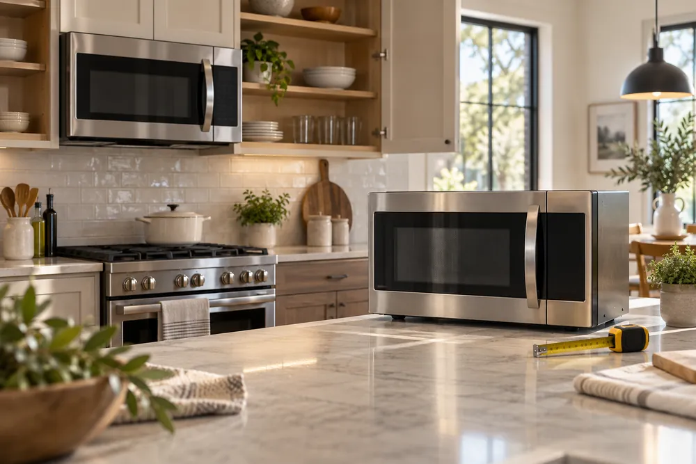 Brushed stainless steel microwave doors above a range and on a counter, wide kitchen view with measuring tape and open cabinets.