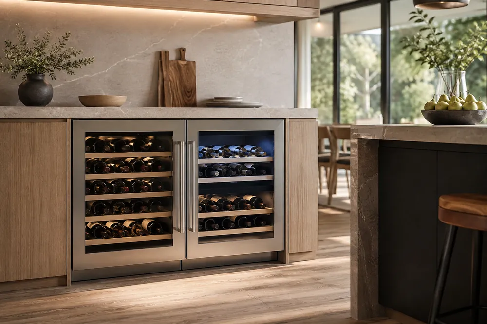 Brushed stainless steel reflects two built-in wine coolers under a quartz counter, one compact single-zone beside a taller dual-zone unit.