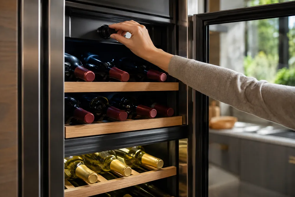 Hand adjusts dual temperature dials beside red and white bottles separated in an overhead wine cooler drawer, kitchen counter visible.
