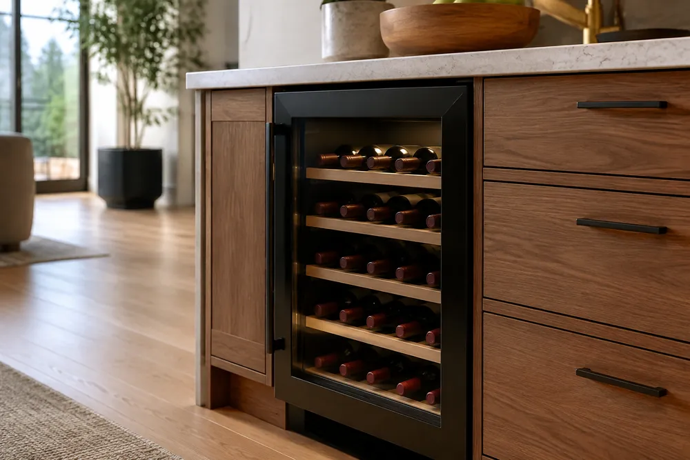 Single-zone wine cooler beneath a kitchen counter, side-angle view showing neatly arranged mixed bottles beside simple stainless appliances.