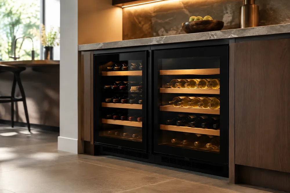 Warm under-cabinet light reflects on a dual-zone wine cooler beneath a kitchen island, low-angle view showing separate red and white shelves.