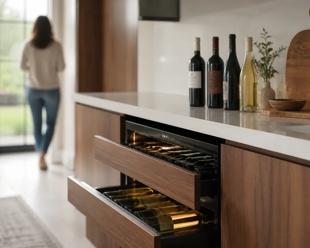 White quartz countertop surrounds a built-in dual-zone wine cooler, mixed reds and whites visible, open drawer with corkscrew nearby.