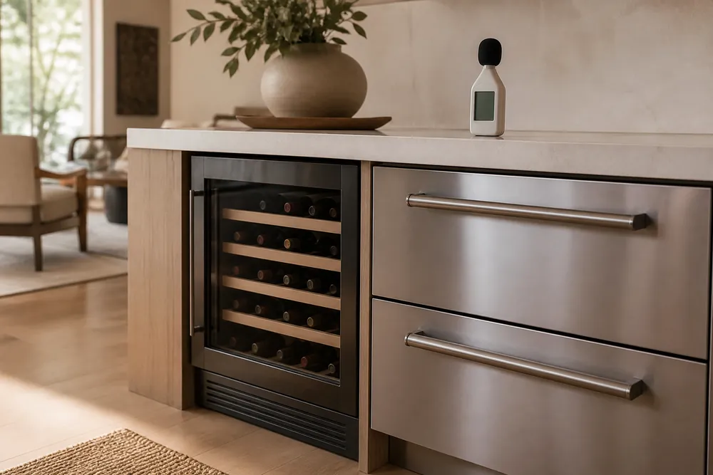 Soft under-cabinet light illuminates a built-in wine cooler vent, decibel meter, and energy label inside a quiet modern kitchen.
