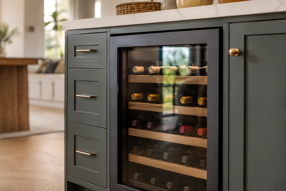 Brushed steel cabinetry surrounds a close-up wine cooler door, with faint fingerprints, steady interior glow, and neatly spaced bottles behind clean glass.