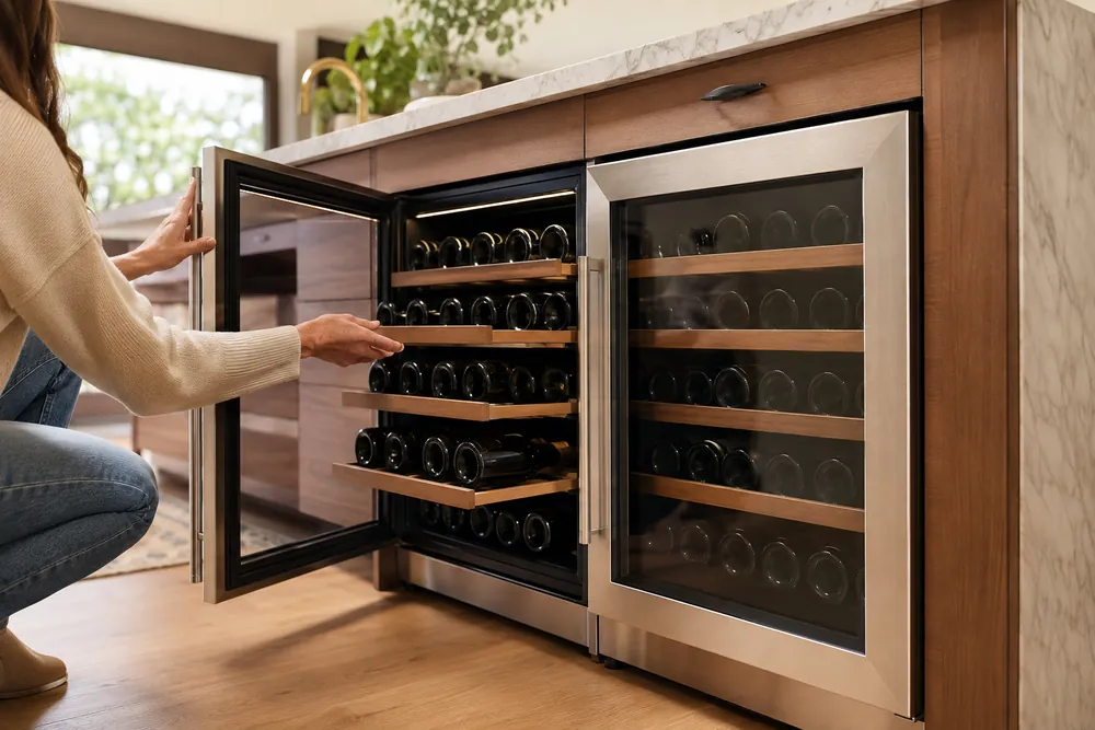 Brushed stainless steel door edge in focus, low-angle view of two wine coolers under a kitchen island, homeowner checking temperature settings.