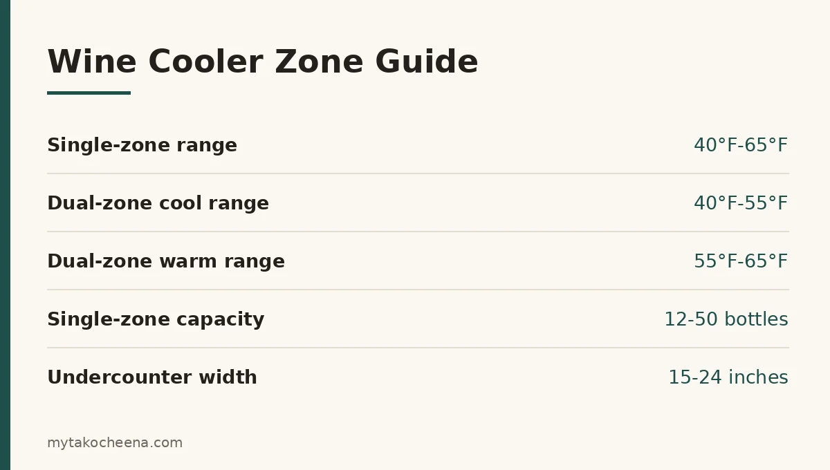 Key figures for Single-Zone vs Dual-Zone Wine Coolers: Which One You Need: Single-zone range, Dual-zone cool range, Dual-zone warm range, Single-zone capacity, Undercounter width.