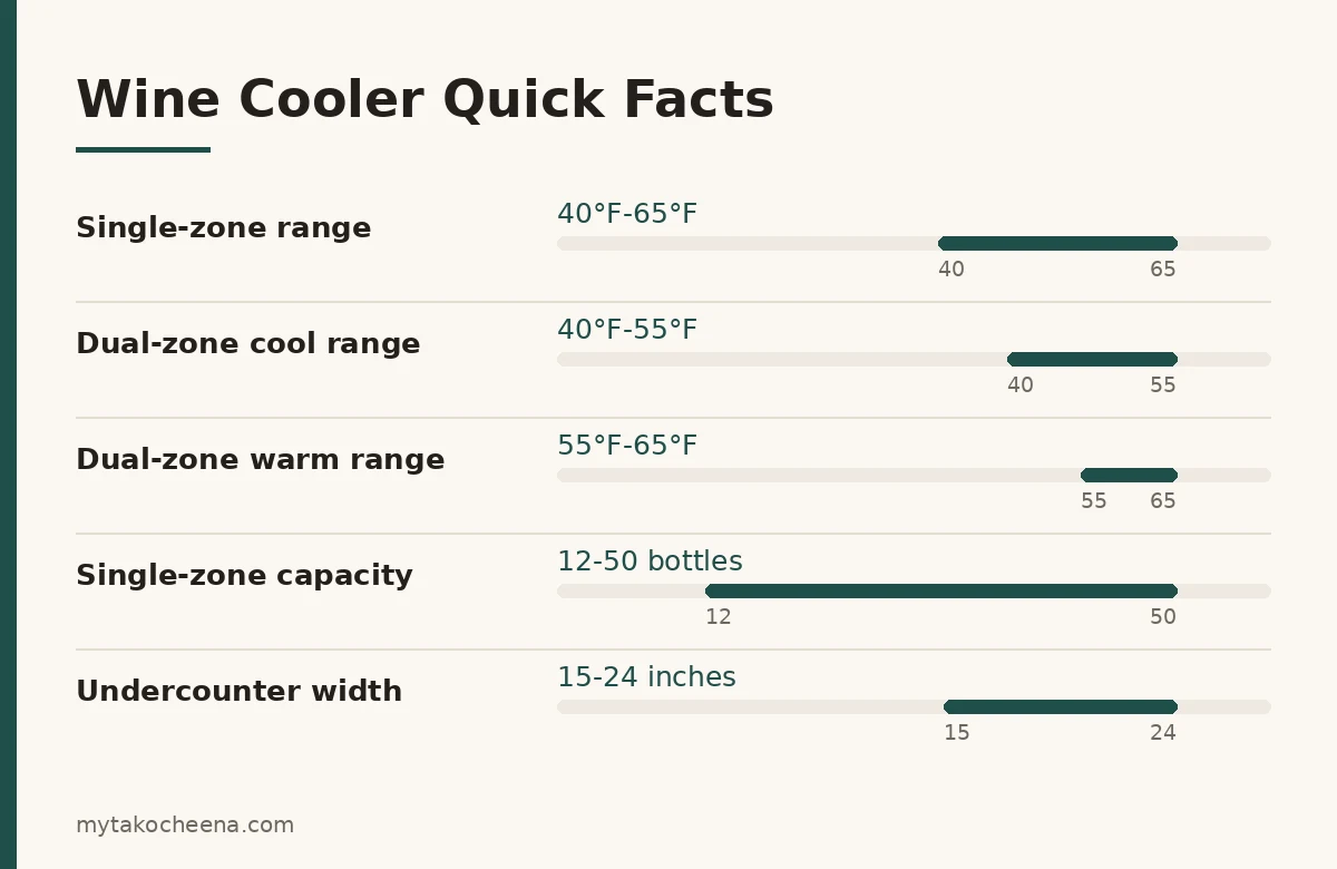 Key figures for Single-Zone vs Dual-Zone Wine Coolers: Which One You Need: Single-zone range, Dual-zone cool range, Dual-zone warm range, Single-zone capacity, Undercounter width.