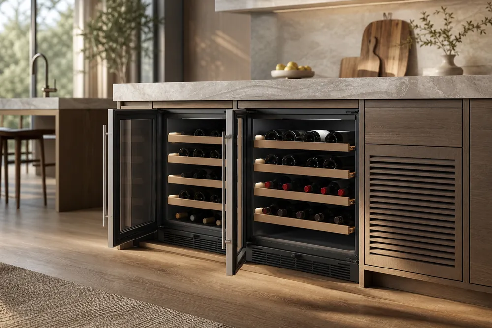 Soft morning light fills a modern kitchen as two open wine coolers show fan-cooled shelves beside a vented compressor unit.