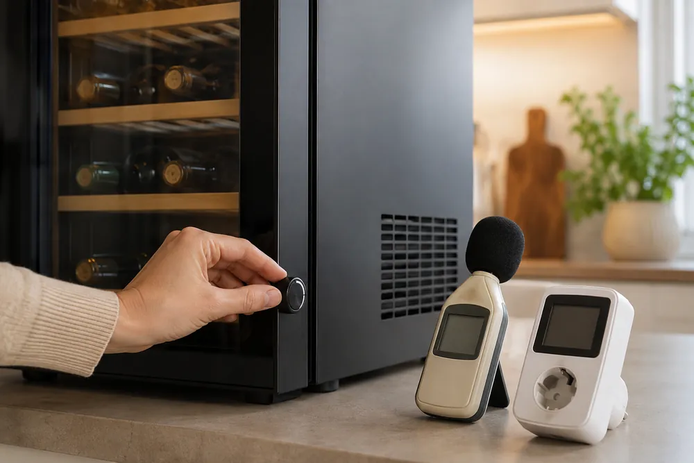 Hand adjusting a wine cooler thermostat beside a decibel meter and energy plug monitor, compressor vent visible in a close-up kitchen counter scene.