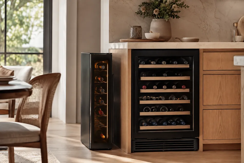 Soft afternoon light fills a compact apartment kitchen, showing a slim thermoelectric wine cooler beside a larger built-in compressor unit.