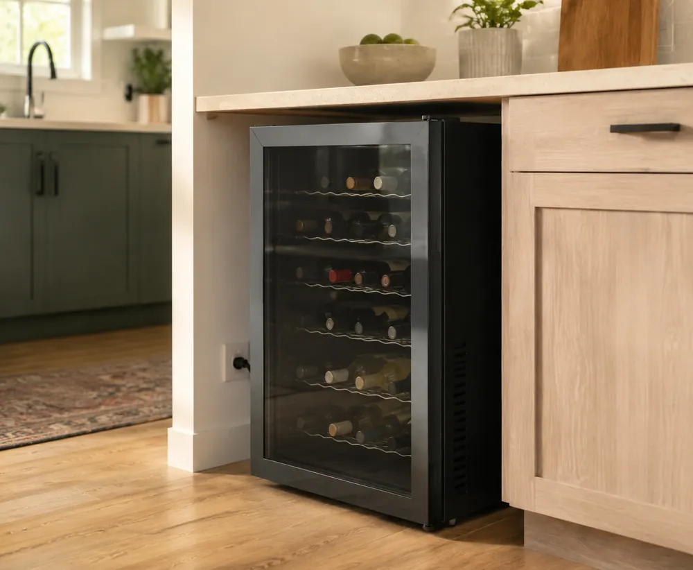 Freestanding thermoelectric wine cooler tucked under a kitchen counter, rear clearance visible, side vents unobstructed, power outlet nearby, three-quarter view.