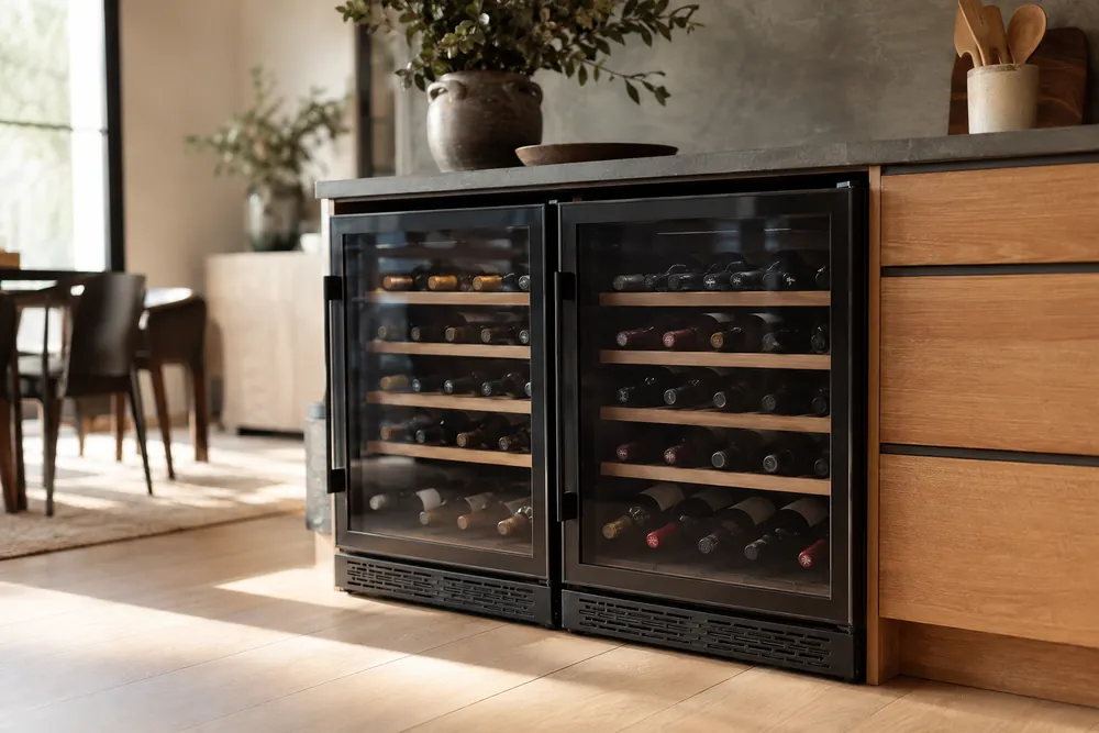 Soft morning light fills a kitchen as two year-old wine coolers stand three-quarter view, vents dusty, bottles neatly chilled inside.