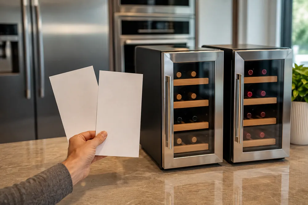 Hand comparing two wine cooler spec cards beside compact units on a kitchen counter, side-angle framing, stainless appliances softly blurred behind.