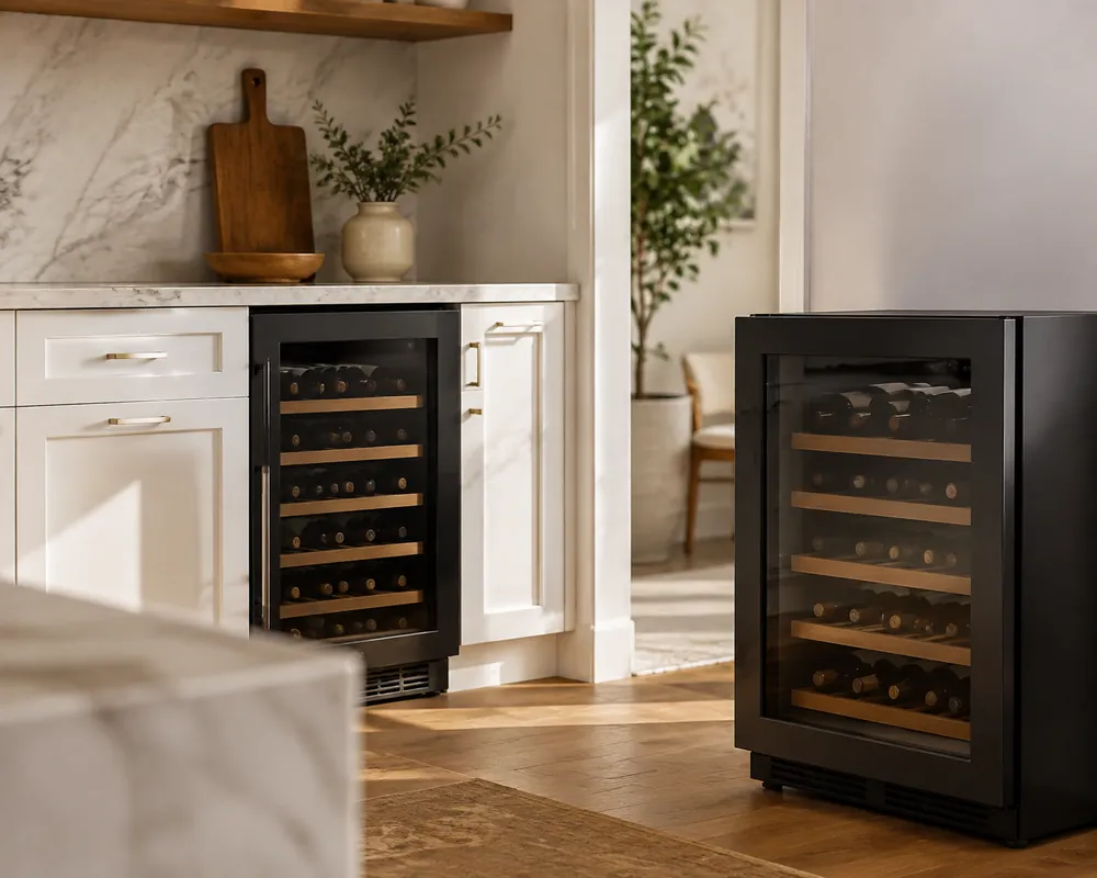White shaker cabinetry surrounds a built-in wine cooler under the counter, while a freestanding unit sits nearby in a modern kitchen.