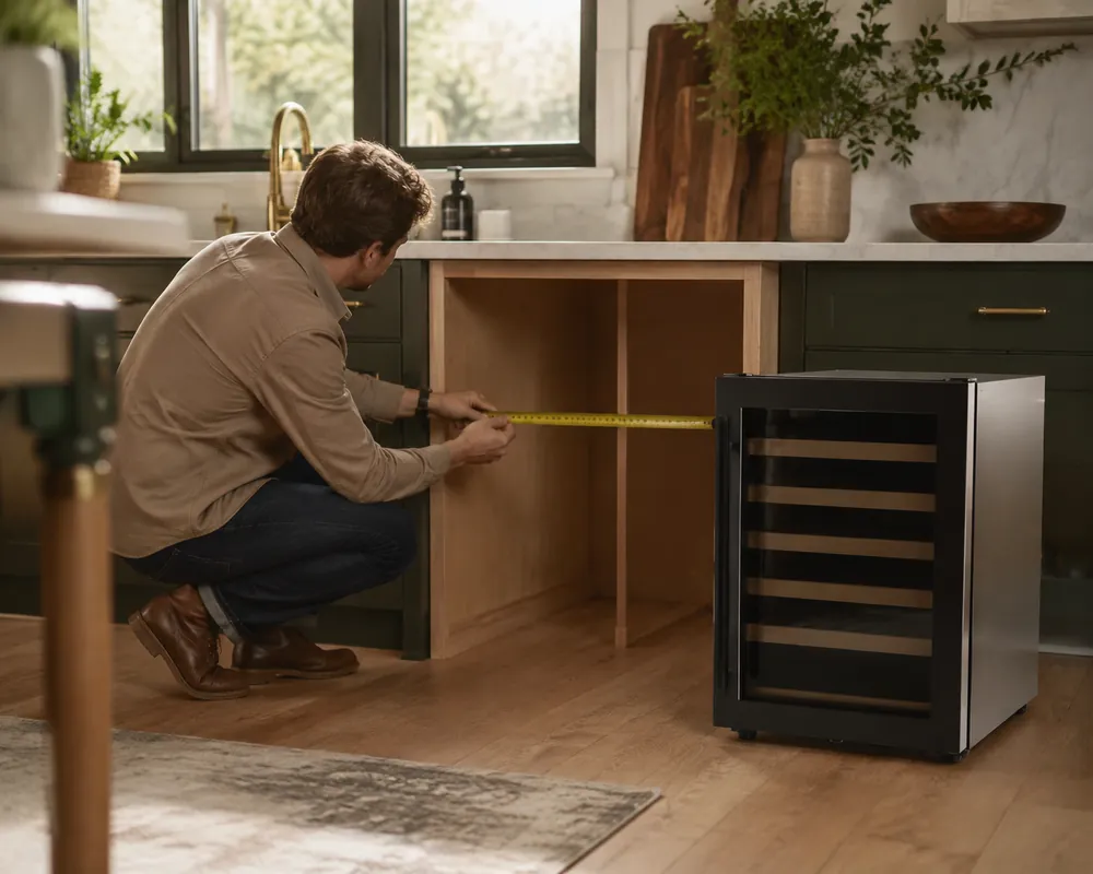 Soft morning light fills a kitchen as a homeowner measures a base-cabinet opening with a tape measure, wine cooler nearby.