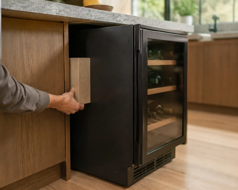 Hand holds a spacer behind an under-counter wine cooler, showing side clearances, rear gap, and toe-kick vent in a modern kitchen.