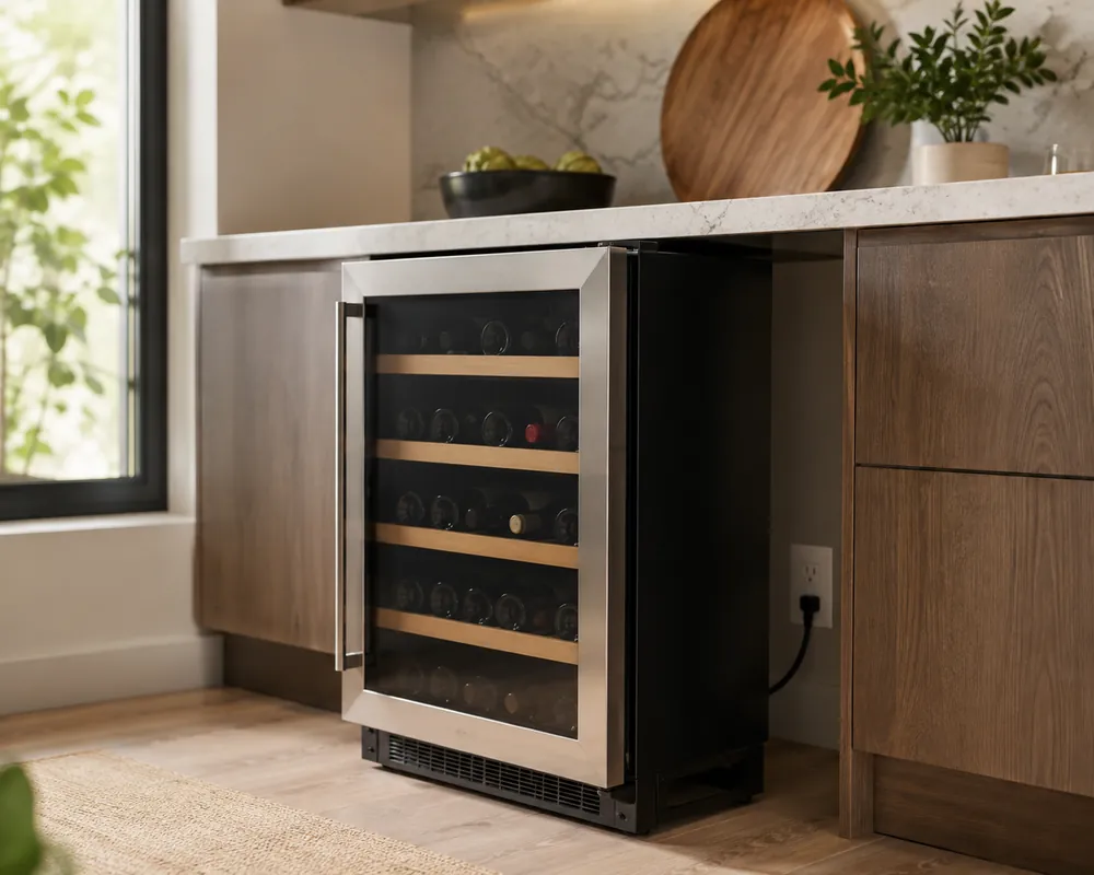 Under-counter wine cooler beneath a kitchen countertop, pulled forward slightly to reveal nearby grounded outlet and dedicated cord routing.