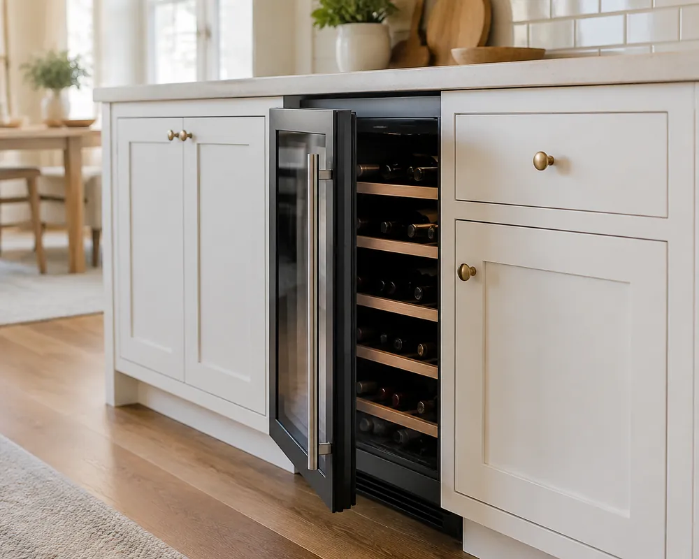White shaker cabinets frame an open under-counter wine cooler door, handle clearing the adjacent drawer, toe kick aligned below.