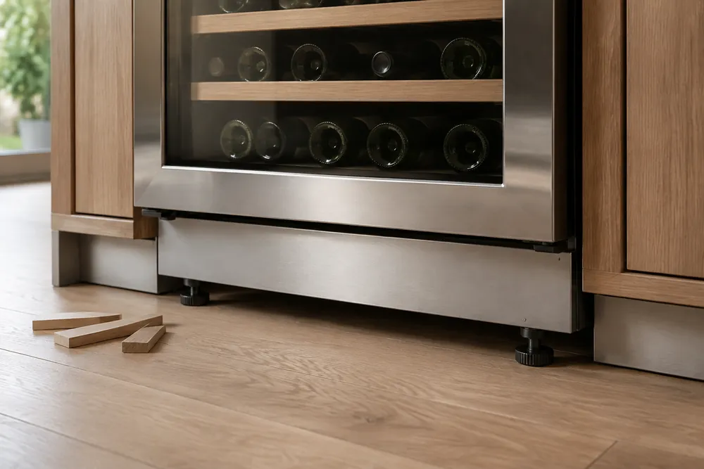 Brushed stainless toe-kick and adjustable feet under a wine cooler align with cabinet rails, shims nearby, overhead view.