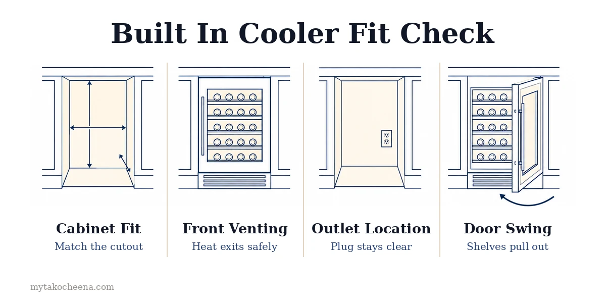 Under-Counter Wine Cooler Installation Guide: Cabinet Fit, Front Venting, Outlet Location, Door Swing.