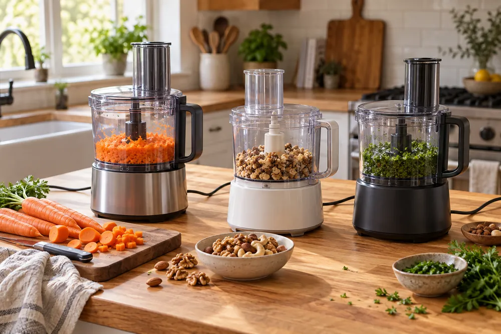 Butcher-block countertop with three food processors beside chopped carrots and nuts, power cords visible, overhead slightly raised, no visible branding.
