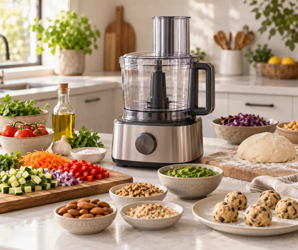 Quartz countertop surrounds a food processor beside chopped vegetables, nuts, and dough, showing varied task loads in a bright home kitchen.
