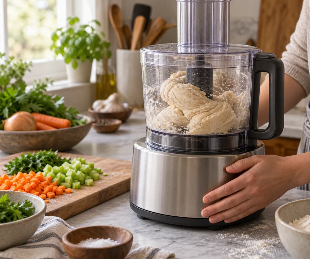 One hand steadies a food processor while thick dough strains inside, with chopped vegetables nearby on a slightly raised kitchen counter view.