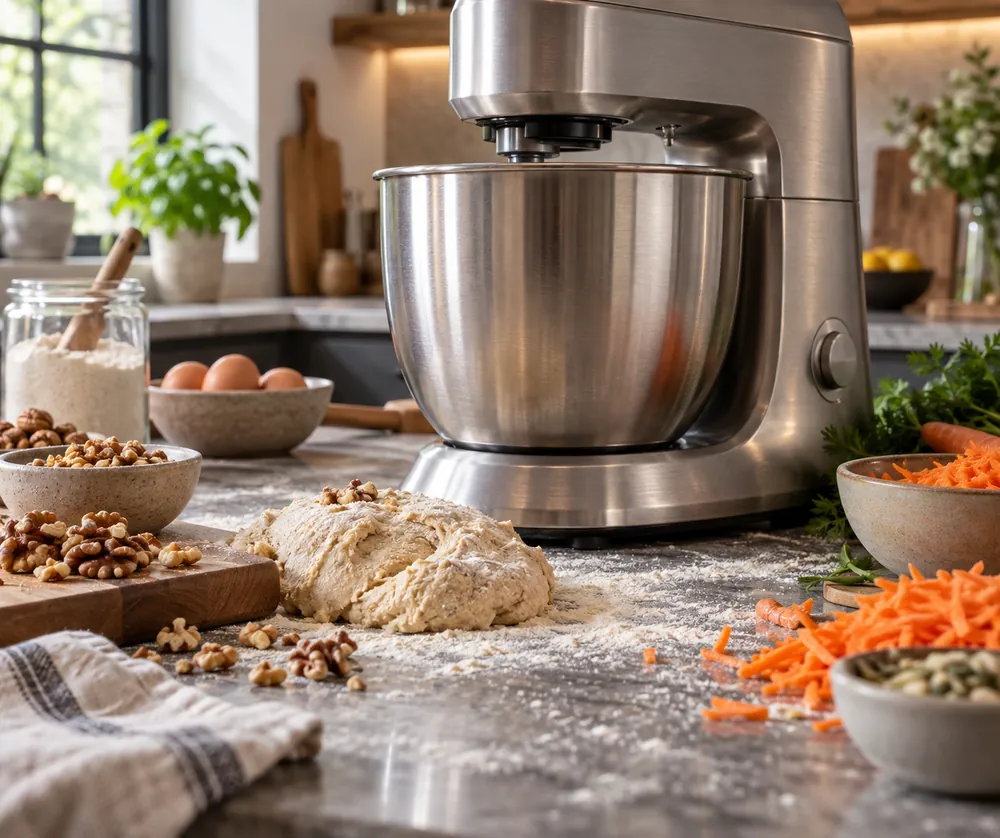 Brushed steel motor base dominates a low-angle countertop view, surrounded by dense dough, chopped nuts, and shredded vegetables.