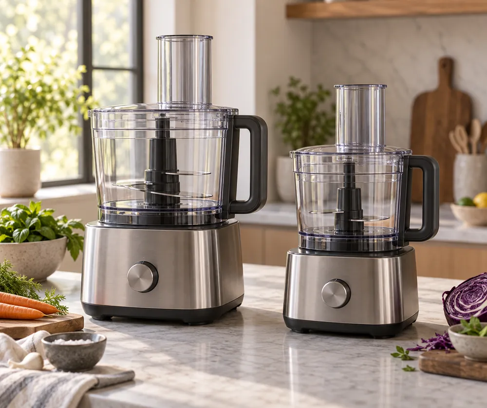 Brushed stainless control panel foregrounds two food processors side-angle, bowls aligned to compare capacity, blade design, feed tubes, and countertop footprint.