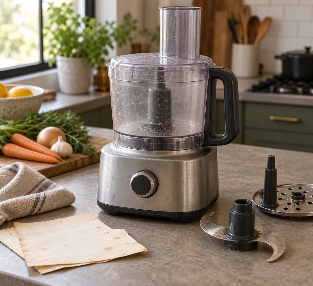 Scuffed 700-watt food processor on a countertop, bowl slightly cloudy, photographed three-quarter beside worn blades and stained recipe notes.
