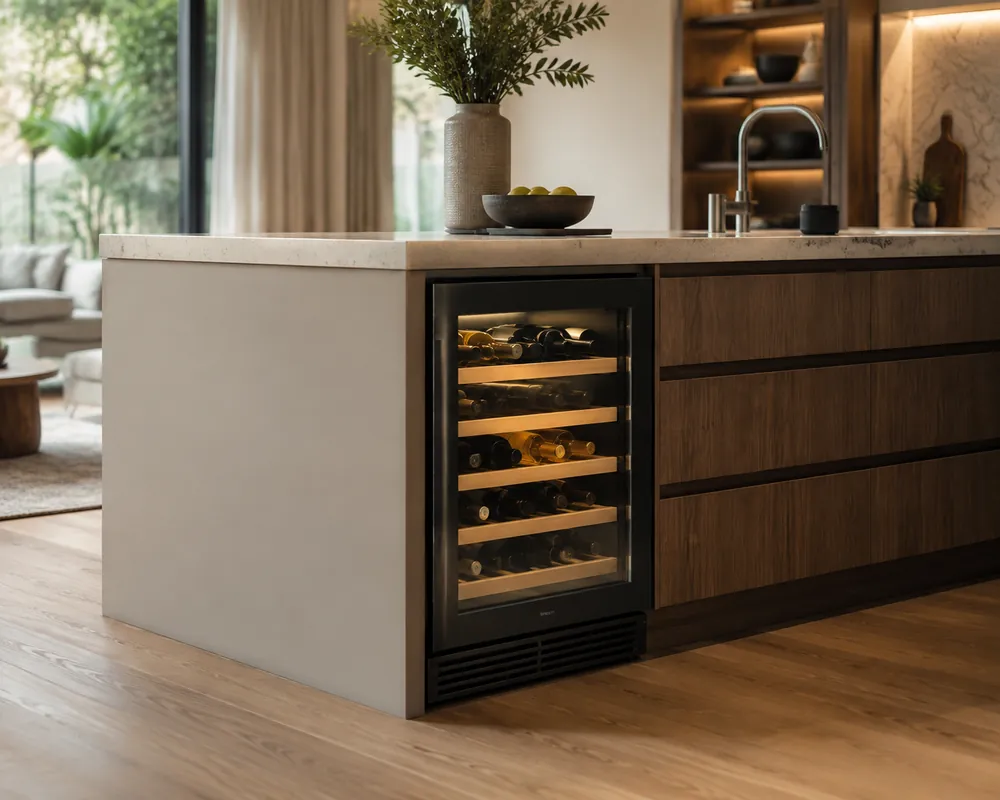 Built-in wine cooler under a kitchen island, three-quarter view showing side clearance, nearby outlets, wood cabinetry, and someone turned away.
