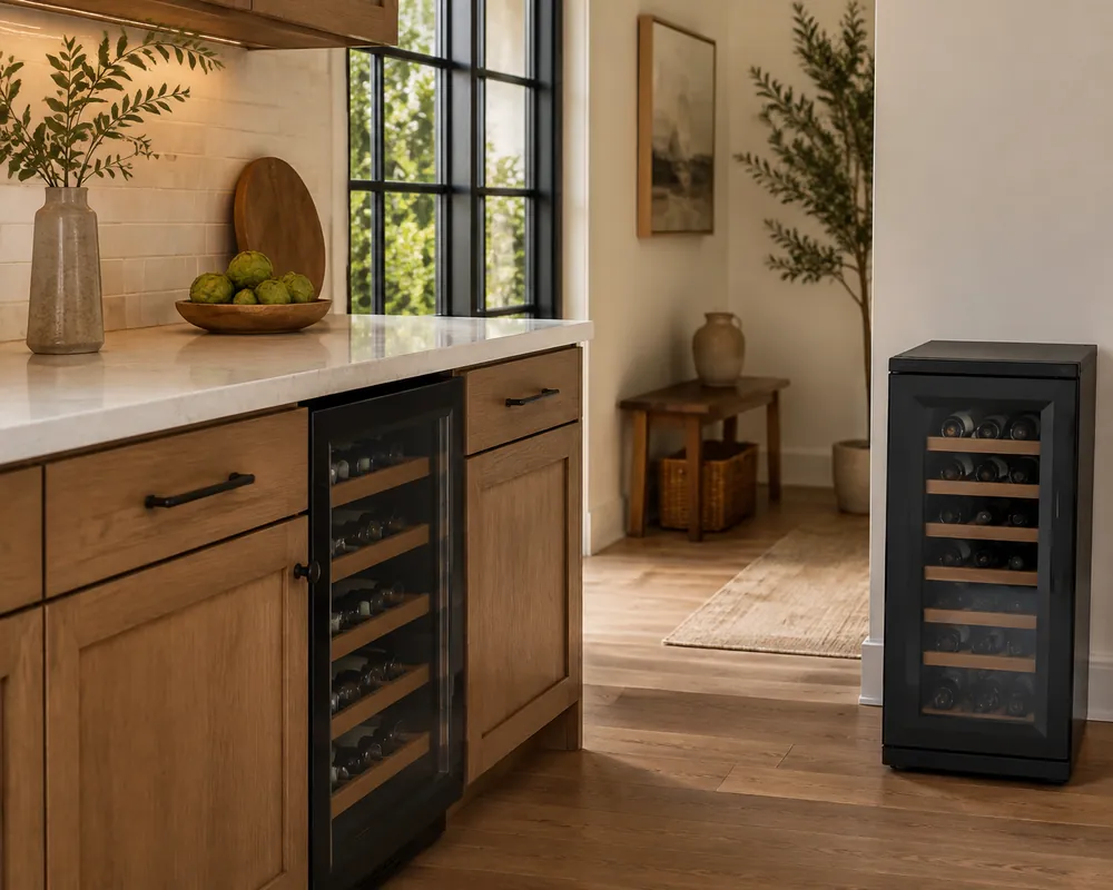 Dark shaker cabinetry frames a built-in wine cooler flush under the counter, beside a freestanding unit with visible side clearance.