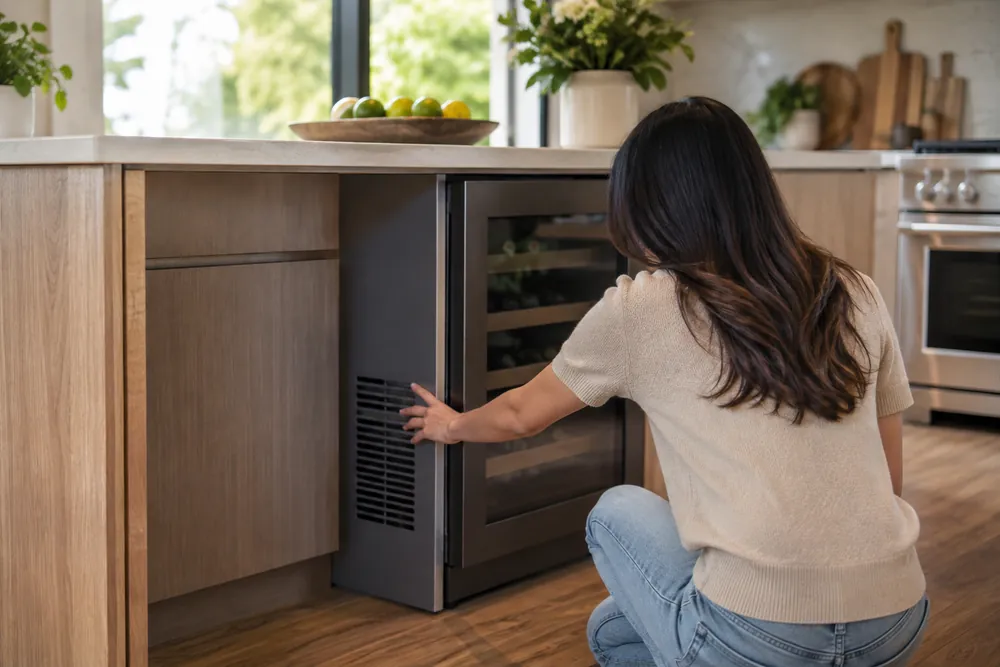 Freestanding wine cooler under a kitchen counter, rear vent gap visible, side clearance marked by shadow, homeowner turned away adjusting bottles.