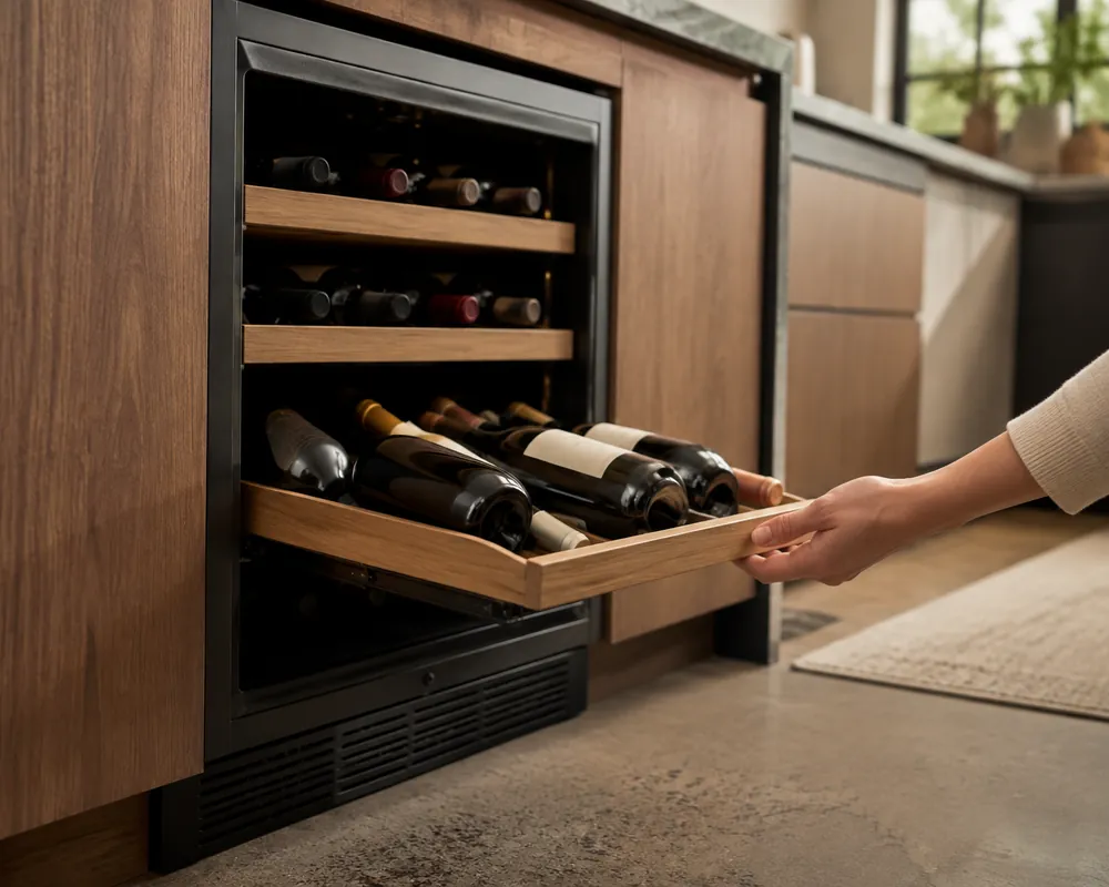 Hand wiping dust from a year-old undercounter wine cooler vent, slightly raised view showing scuffed toe-kick, cabinets, and clearances.