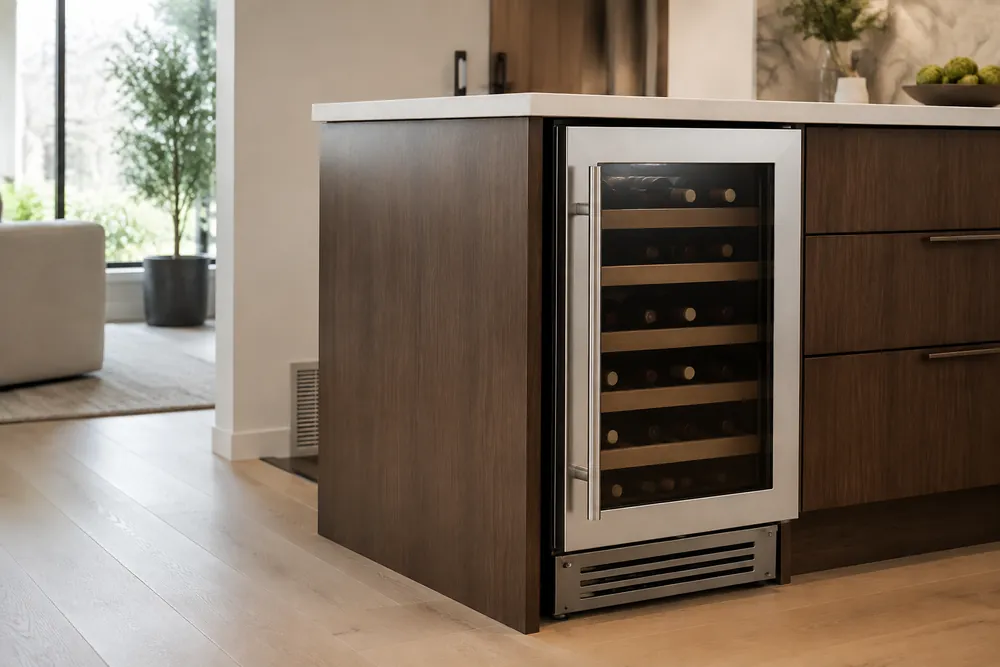 Brushed stainless grille beside white shaker cabinets, side-angle view showing a wine cooler tucked under counter with visible vent clearance.