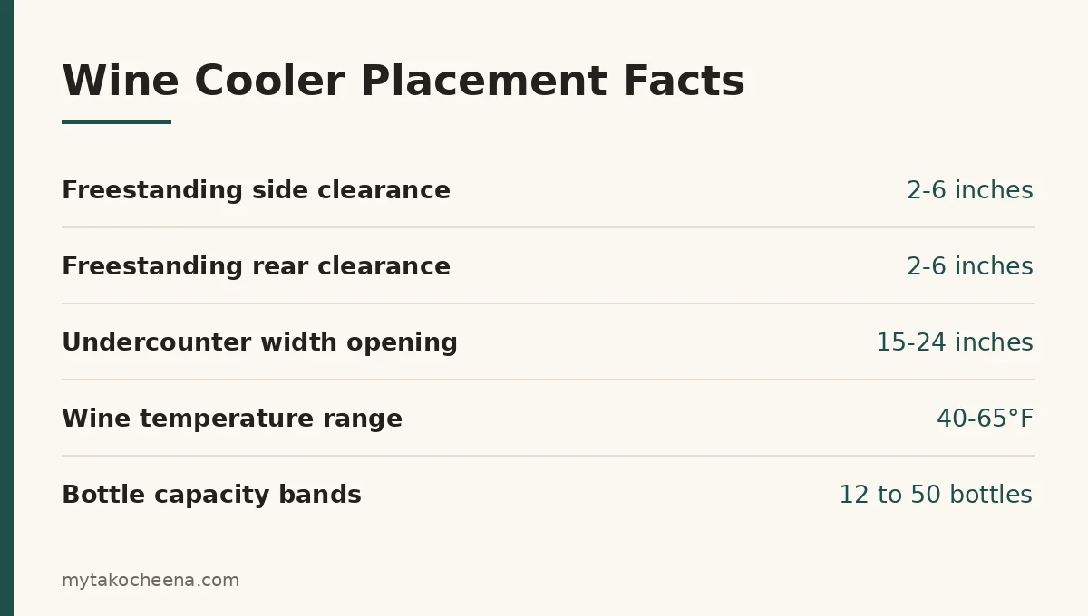 Key figures for Where to Put a Wine Cooler: Placement, Venting and Clearance: Storage Temp, Undercounter Width, Freestanding Clearance, Built-In Clearance, Dual-Zone Clearance.