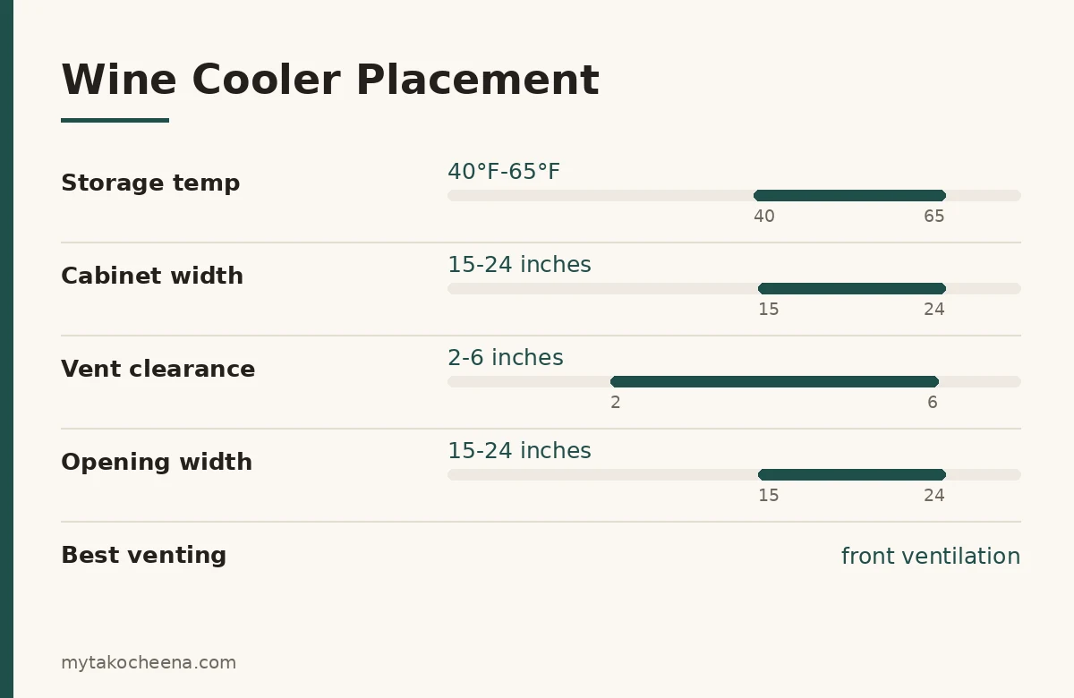 Key figures for Where to Put a Wine Cooler: Placement, Venting and Clearance: Storage temp, Cabinet width, Vent clearance, Opening width, Best venting.