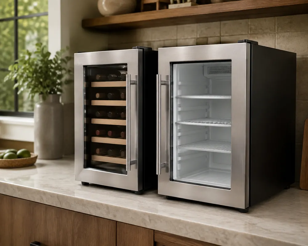 Brushed stainless steel doors contrast a wine cooler’s wooden racks with a mini fridge’s plastic shelves, side-angle on a kitchen counter.